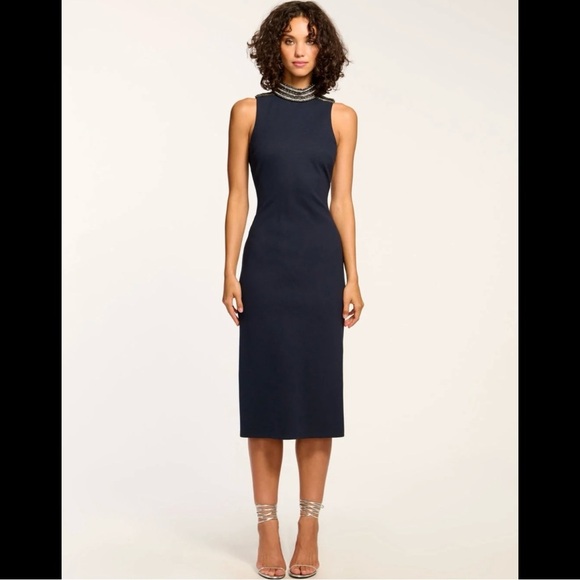 Ramy Brook Navy Josephine Embellished Dress Crystal Silver Rhinestone sz 14 midi - Picture 1 of 4